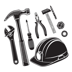 Black safety and miscellaneous tools Silhouette Vector, High Quality Illustration on White Background