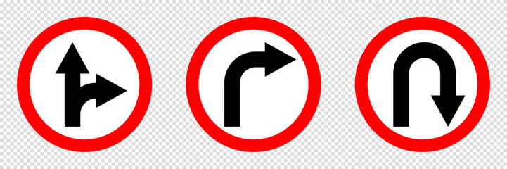 turn right warning road sign collection, move direction attention, red circle vector pictogram