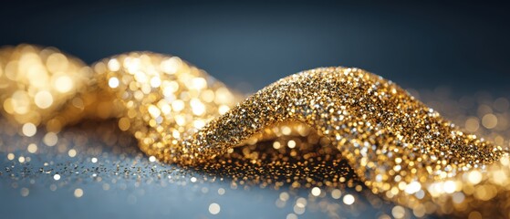 A shimme golden ribbon with glitte sparkles gracefully flows across a textured deep blue surface, creating a celebratory and festive scene.