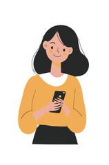 A young woman with long black hair smiles as she holds a smartphone in her hands. She wears a bright yellow top and appears happy and engaged.