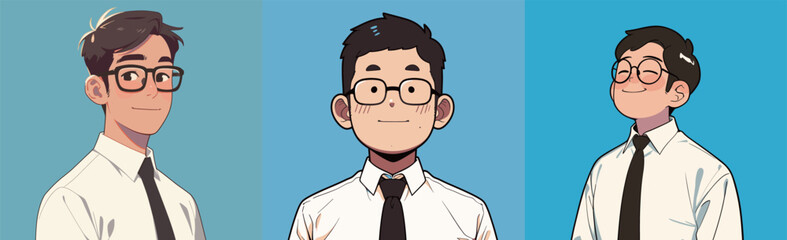 Three animated characters dressed in white shirts and black ties stand against blue and teal backgrounds. They each display a friendly smile, showcasing their unique styles.
