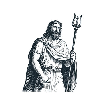 Hades with bident. Black white hand drawn vector illustration.