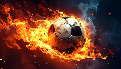 Fiery soccer ball in motion, intense flames
