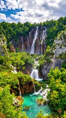 Fototapeta premium Lush forest landscape with cascading waterfalls into emerald pools