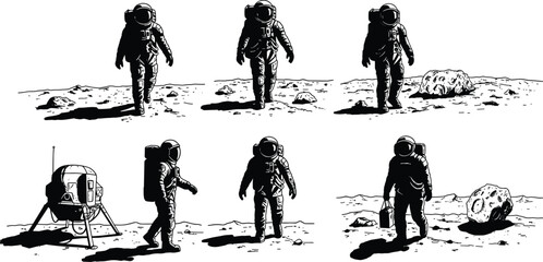 Astronauts walking on moon surface, space exploration illustration, lunar mission design, astronauts with spacesuit, cosmic adventure, future outer space research © Rafin's World