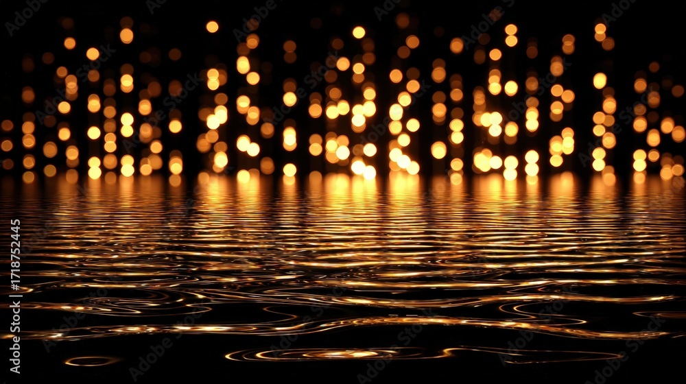 Poster golden bokeh lights reflecting shimme water creates a mesmerizing ethereal effect on a dark backgrou