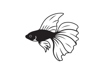 Betta fish silhouette with flowing fins, Siamese fighting fish vector aquatic design illustration.