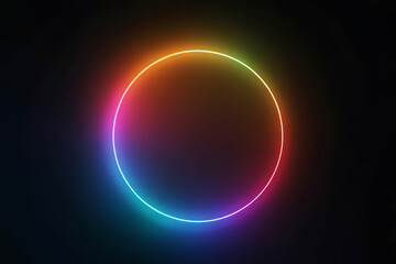 Vibrant neon circle pulsates with rainbow light creating an energetic, futuristic glow against a dark background
