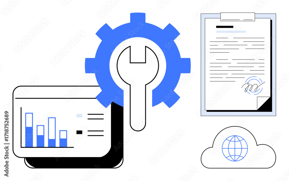 Aufkleber gear and wrench highlight technical settings, chart for analytics, clipboard for documentation, clou