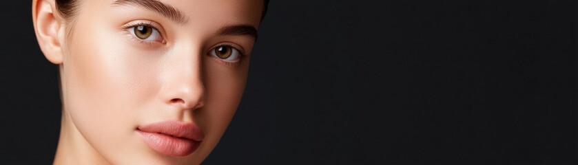 Naklejka premium clean,grunge,makeup A close-up portrait of a woman with striking features against a dark background.