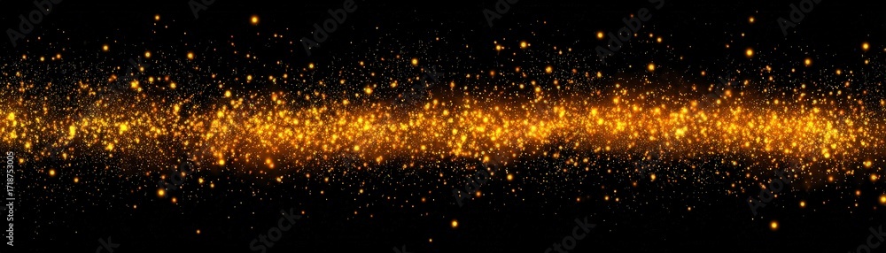 Poster golden glitter particles create a sparkling light trail against a dark background, perfect for addin