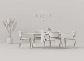Elegant white dining room furniture with chandelier and indoor plant, minimal interior design, 3D render