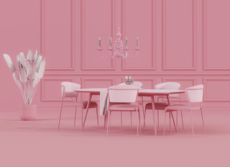 Elegant pink dining room furniture with chandelier and indoor plant, minimal interior design, 3D render