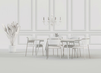 Elegant white dining room furniture with chandelier and indoor plant, minimal interior design, 3D render