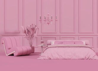 Pink bed, lamp and armchair on pink background. Creative composition. Light background with copy space. 3D render for web page, presentation, studio, store fashion	