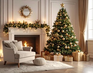 Festive Christmas Living Room Cozy Scene with Tree, Fireplace, and Decorations