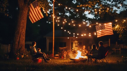 Family gathered around a campfire with american flags and string lights at dusk in a backyard