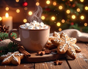 Warm Holiday Treat Cozy Cocoa with Marshmallows and Gingerbread Cookies, Festive Season
