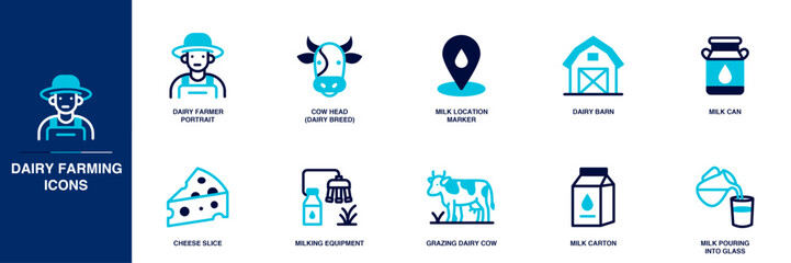 Dairy Farming Blue Colored Outline Icon Set