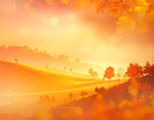 Autumnal landscape bathed in warm golden hues, with rolling hills and vibrant foliage in the sunshine