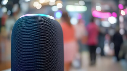 Close up of a smart speaker with a colorful light ring in a blurred public space background scene