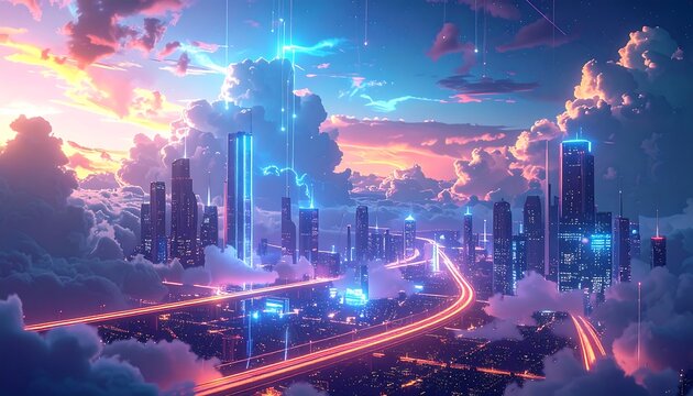 Futuristic city above clouds at sunset - Powered by Adobe