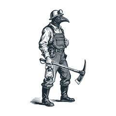 Obraz premium Plague doctor as miner - black and white vector illustration.