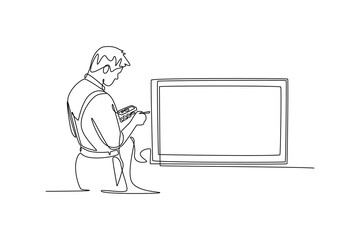 Technicians repair TV machines and others concept. Single line draw design. Vector graphic illustration