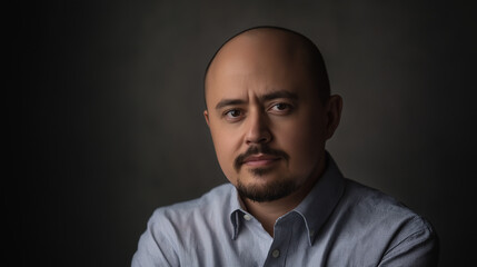 Obraz premium Confident Man Half-Body Portrait in Casual Shirt, Neutral Soft Gray Background, DSLR 85mm Lens, f/2.8 Aperture, ISO 200, Natural Skin Tones, Subtle Cinematic Lighting