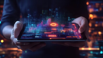 Person holding a tablet displaying a futuristic cityscape with digital information overlaid on screen