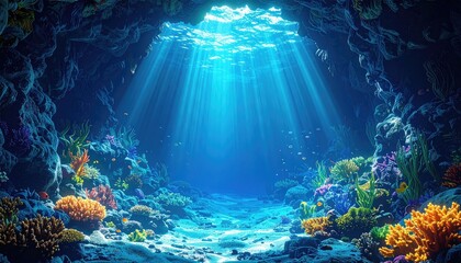 Sunlight streams into an underwater coral reef cave