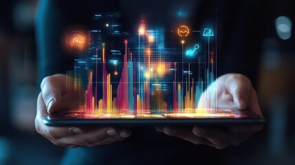 Hands holding tablet displaying digital data and futuristic glowing interface elements on screen