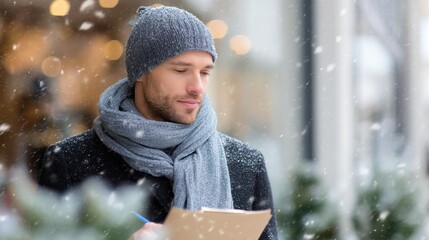 Young Man Checking Shopping List While Holding Bags in Winter Scene
