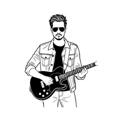 Fototapeta premium Black and white line art of a cool man playing guitar in casual outfit minimalist stylish illustration