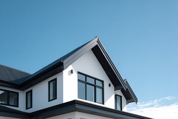 Photograph of a white modern home with a black roof against a blue sky. Close-up detail on the gable wall, eaves, and window frames, Generative AI.
