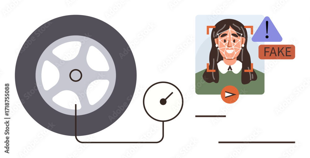 Aufkleber car tire with pressure gauge and computerized face scan showing fake detection alert. ideal for tech