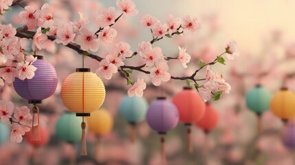 Delicate Cherry Blossom Branch with Colorful Lanterns Hanging in a Serene Sunset, Capturing the Beauty of Spring and Outdoor Celebrations in Nature's Splendor