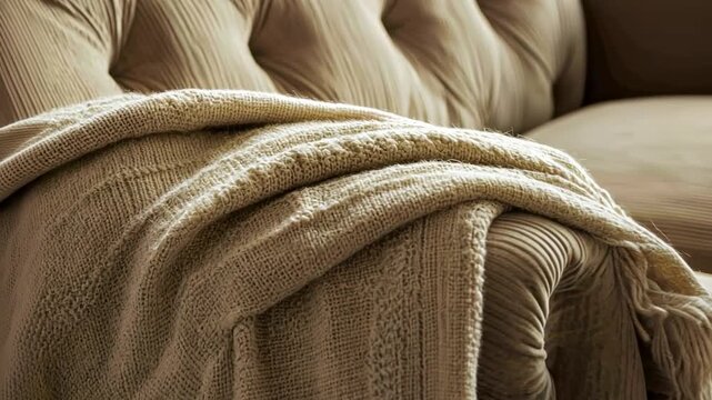 Beige blanket on sofa arm