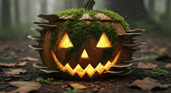 Eerie Halloween pumpkin with moss and fungi. Perfect for spooky season cards, Halloween invites, and autumn event promotions. Ideal for fantasy themed designs.