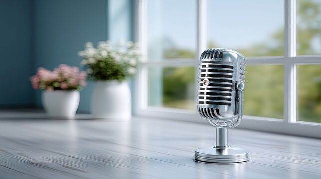 Retro Chrome Microphone on Wooden Surface Near Window with Natural Light and Out of Focus Flower Vases in Background Creates Nostalgic Studio Ambiance - Powered by Adobe