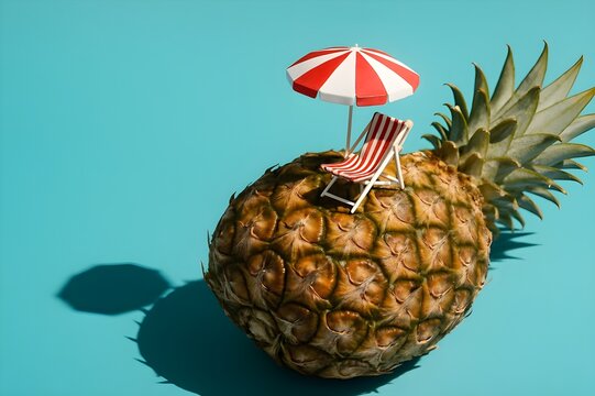 Surreal summer vacation concept of a miniature beach scene with a chair and umbrella on a whole pineapple