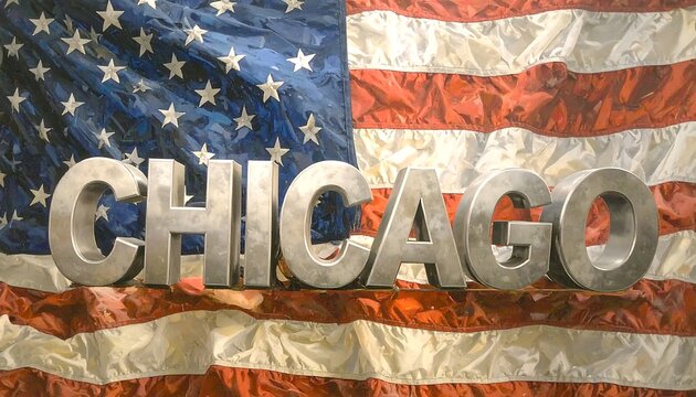 Metal letters spelling CHICAGO against an American flag