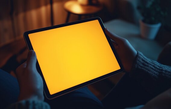 Person holding a tablet with yellow screen blank display in closeup view featuring warm indoor lighting and cozy home atmosphere background