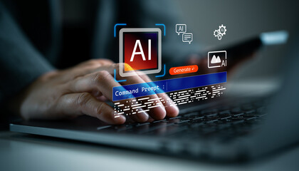 Close-up of hand using AI command prompt on laptop keyboard and smartphone. Futuristic artificial intelligence, data generation, automation, machine learning and digital innovation concept.