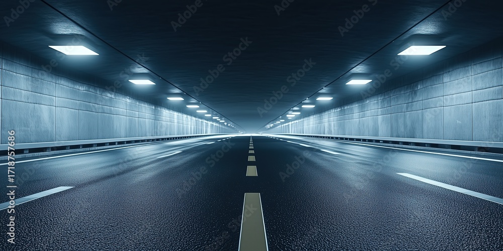 Poster highway tunnel with symmetrical lighting clean smooth asphalt floor empty space resembling car adver