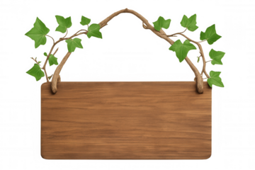 Blank wooden sign with ivy vine, hanging rustic template for message or advertising on transparent background