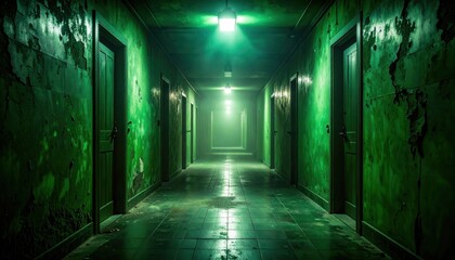 Creepy Abandoned Hallway Green Horror with Dark Doors Light.