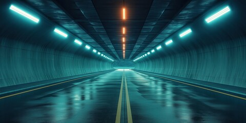 Long empty highway tunnel with neon lights in futuristic style featuring dark blue and teal color theme modern architecture