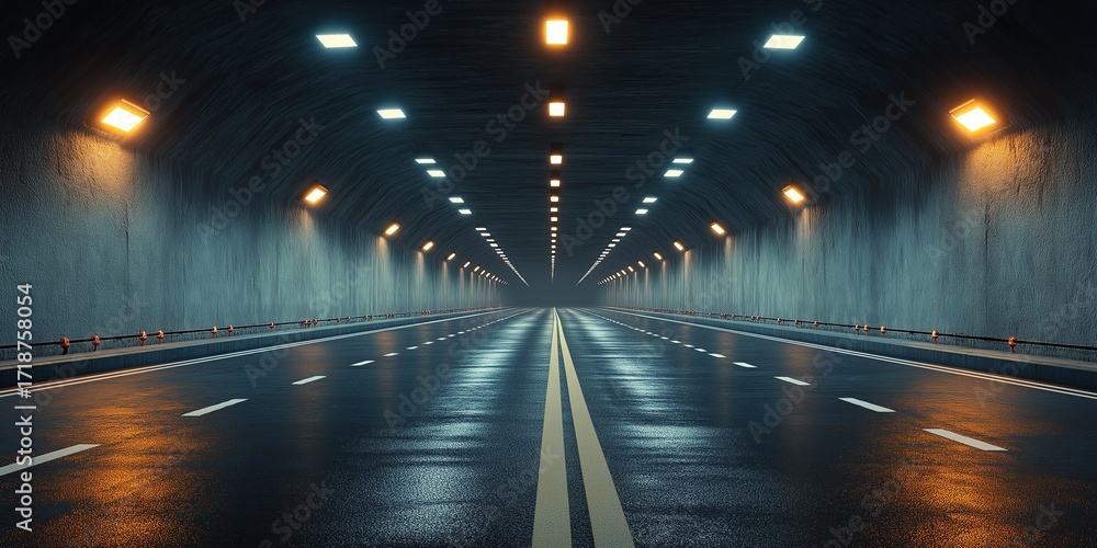Poster long highway tunnel with led lights on ceiling illuminating empty road symbolizing driving in darkne