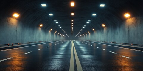 Long highway tunnel with LED lights on ceiling illuminating empty road symbolizing driving in darkness creating depth shadows and dramatic effect